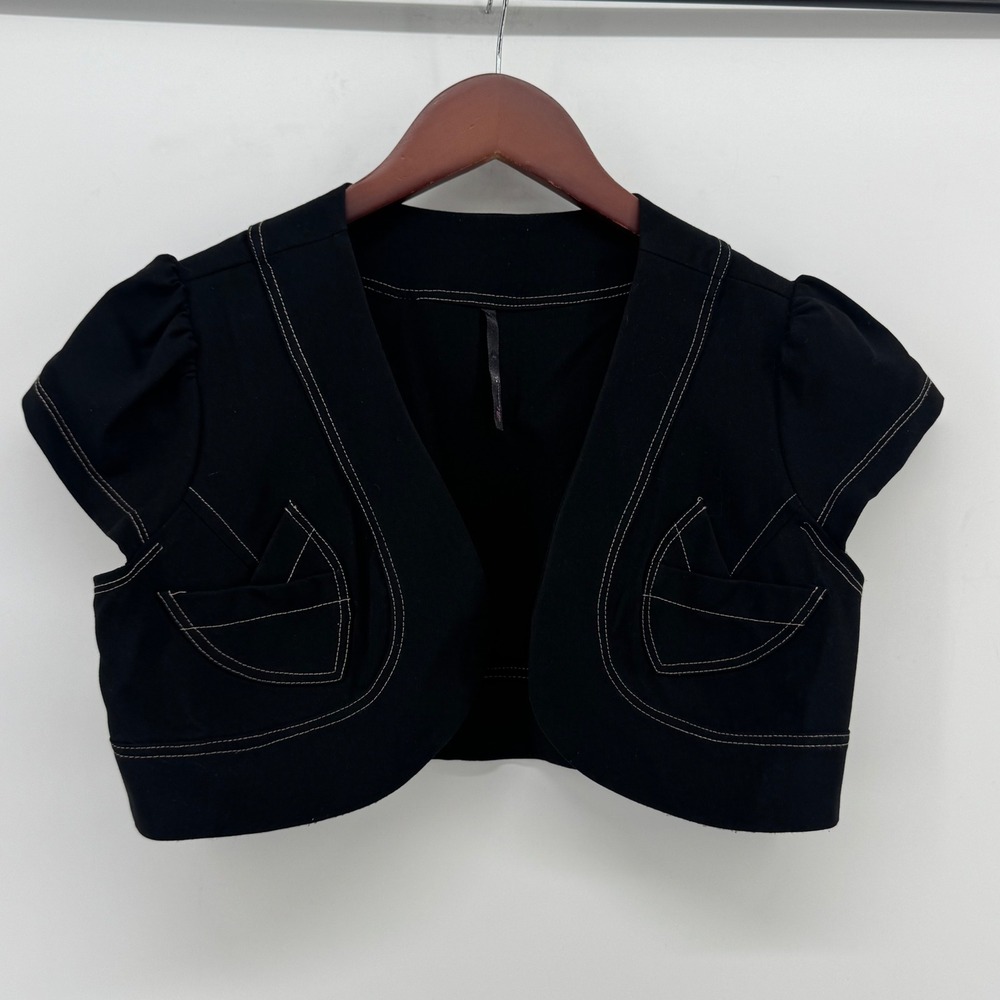 Blossom Women Black Cropped Bolero Shrug Contrast Stitch Cap Sleeve Y2K 0360
